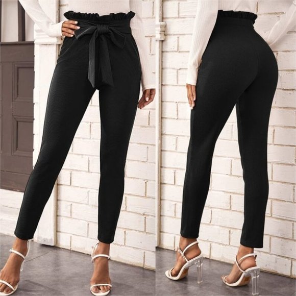 Work Chic Black belted skinny Paper bag pants - Picture 2 of 11